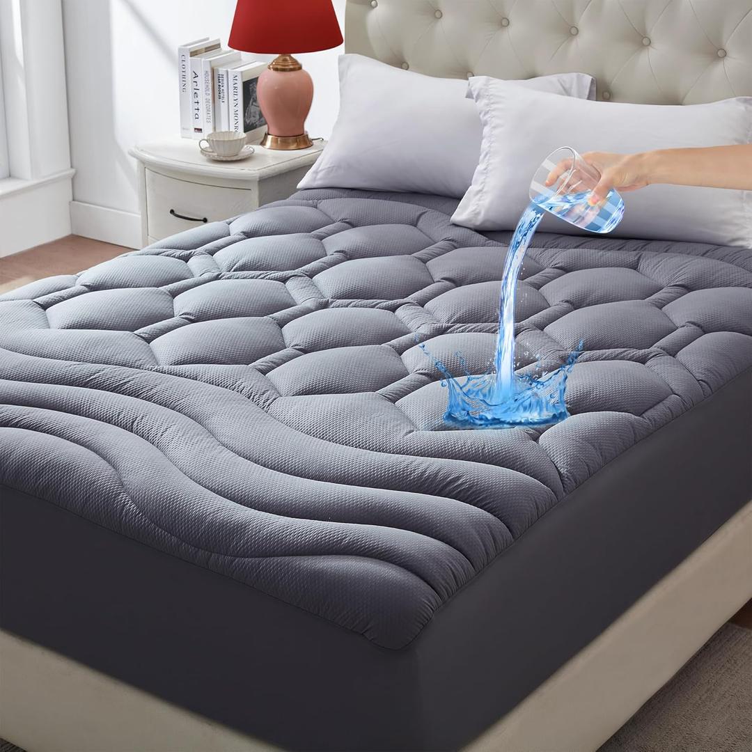 ELVEN HOME California King Mattress Pad, Quilted Fitted Cooling Mattress Cover, Pillow Top Waterproof Mattress Protector, Deep Pocket 8-21" (72x84 inch, Grey)