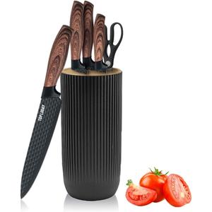 Knife Set, Wiztoynia 6-Piece Black Kitchen Knife Set for Home, Anti-Rust Non-stick Stainless Steel Sharp Chef Knife Set with Universal Knife Block for Kitchen, Ergonomical Design (Black)