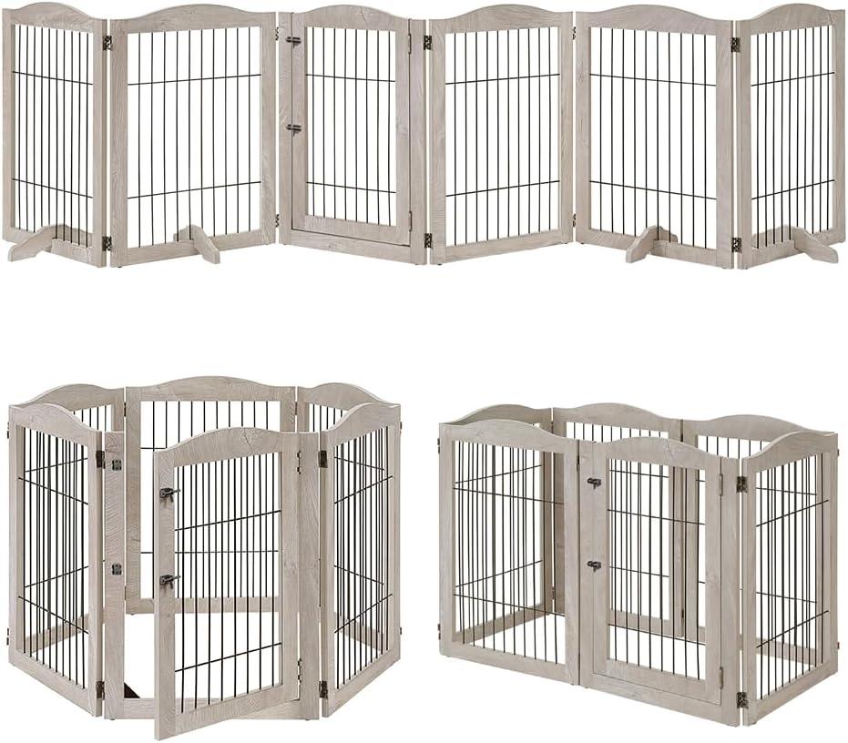 unipaws 132" Extra Wide Dog Gate and Pet Playpen, Free Standing Tall Fence with Walk Through Door, Barriers for Home, Use as Indoor Dogs Cats Pen, Rabbit Pen, Weathered Grey