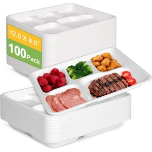 Compostable 5 Compartment Plates Disposable, 12.5 x 8.5 inch, [100-Pack] Heavy Duty Paper Plates with Dividers, Sturdy School Lunch Trays, White Large Dinner Plates for Buffet Party
