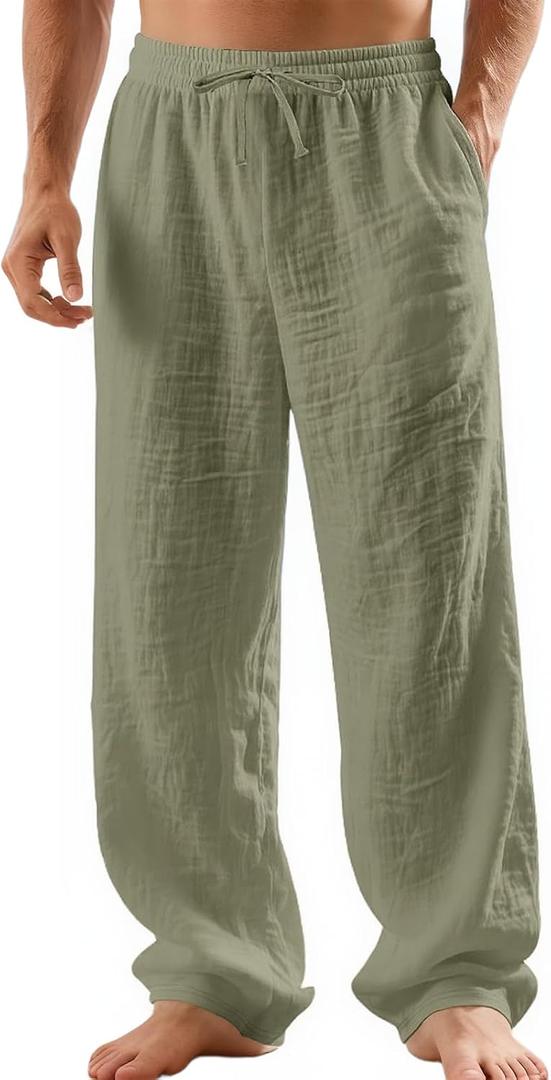 Mens Linen Pants Yoga Beach Loose Fit Casual Summer Elastic Waist Drawstring Baggy Trousers with Pockets (XXL)