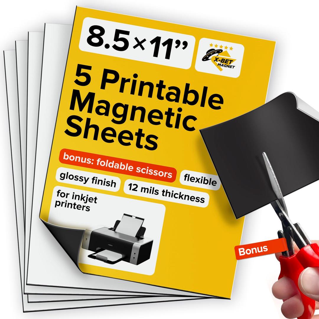 X-bet MAGNET Inkjet-Optimized Printable Magnetic Sheets - 8.5x11 Magnet Paper for DIY Stickers, Decorations, Labels - Easy to Print, Cut & Create Your Own Magnets (Glossy, 5pcs)