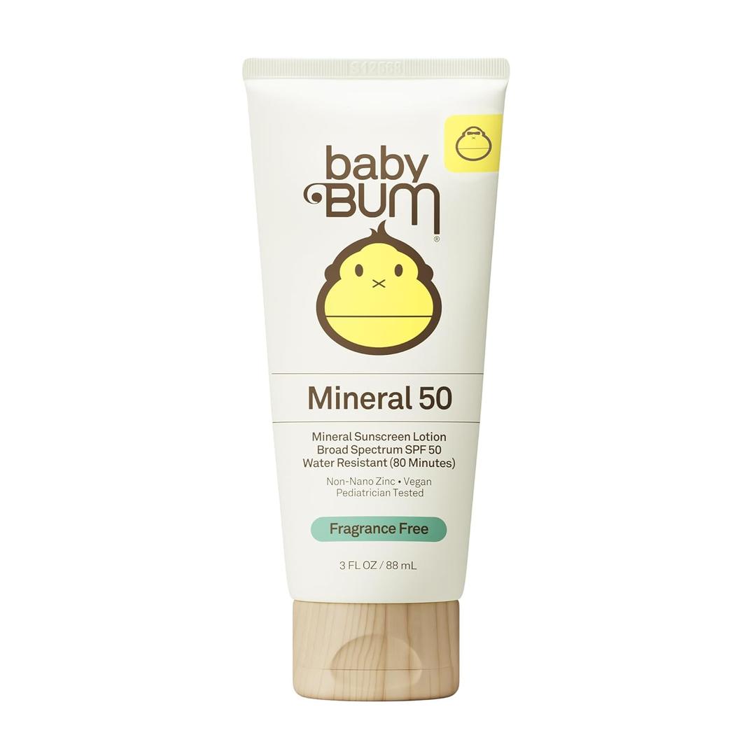 Baby Bum SPF 50 Sunscreen Lotion  Mineral UVA/UVB Face and Body Protection for Sensitive Skin  Hawaii 104 Act Compliant (Made without Octinoxate & Oxybenzone)  Fragrance Free  Travel Size  3 oz