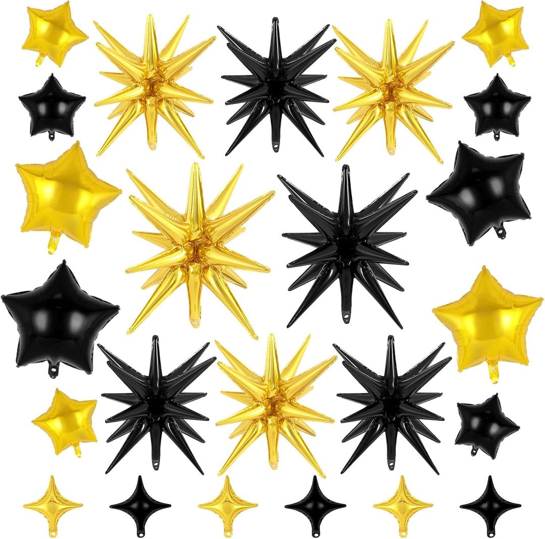 24 Pcs Star Balloons Set Explosion Balloons Foil Cone Balloon Four Pointed Star Shaped Balloon for Birthday Wedding Anniversary Party Backdrops Decorations Supplies (Black and Gold)