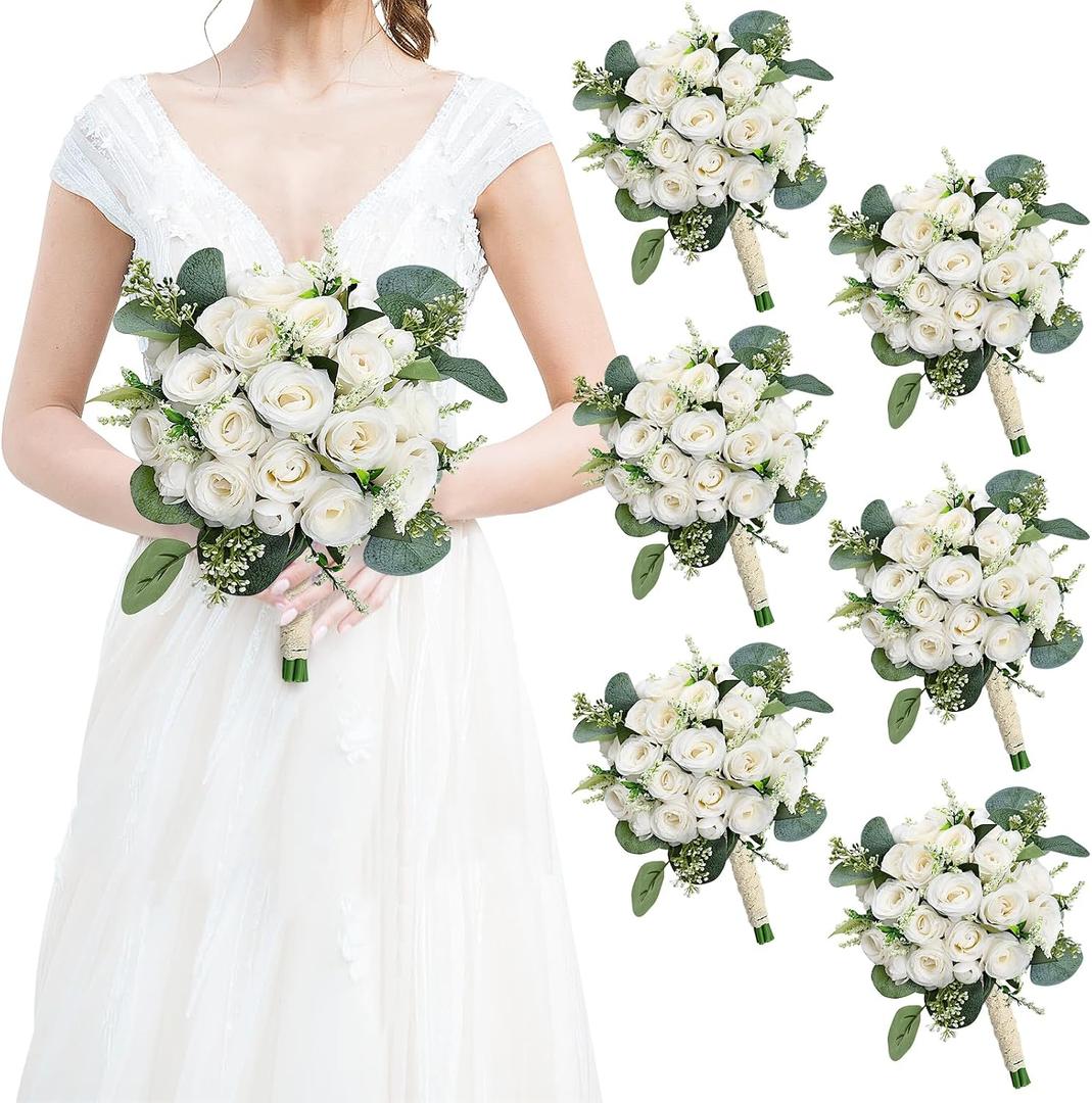 Bridesmaids Bouquets for Wedding - Set of 6 Realistic Artificial Rose Eucalyptus Silk Bride Flowers for Bridal Shower Ceremony Decorations - Ivory White