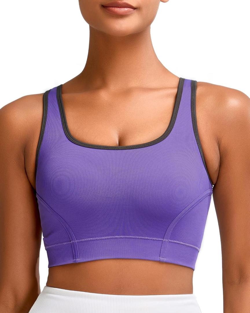 RUNNING GIRL Sports Bras for Women High Support,Seamless Ribbed Longline High Neck Sports Bra Racerback Padded Crop Top Yoga (Purple, M)