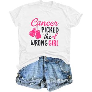 FAYALEQ Cancer Shirt Women Breast Cancer Shirts Pink Ribbon Breast Cancer Awareness T-Shirts Letter Print Inspirational Tees (White, XL)