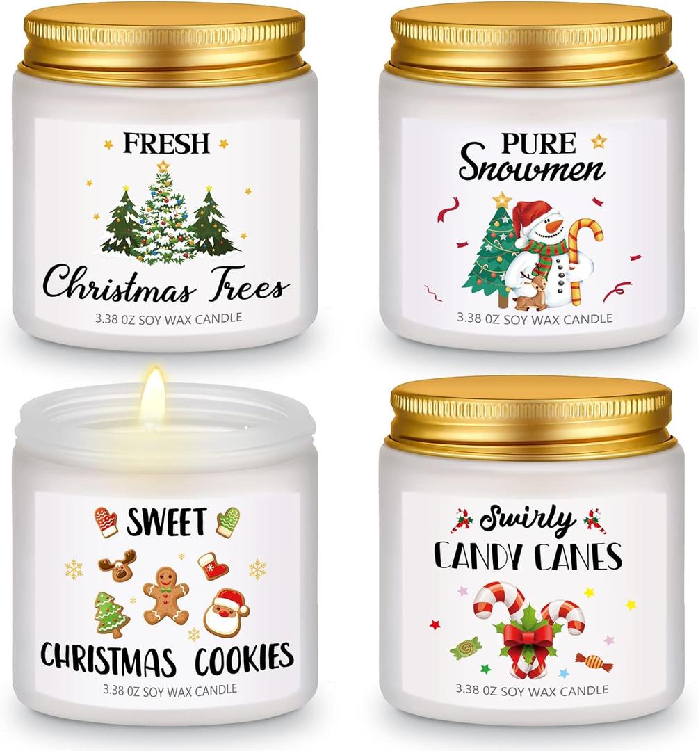 4 Pcs Christmas Scented Candles Gift Set 3.38 oz Mini Soy Wax Xmas Fresh Aromatherapy Holiday Jar Candle Gifts Christmas Tree Cookies Candy Cane Snowman Scent for Women Men