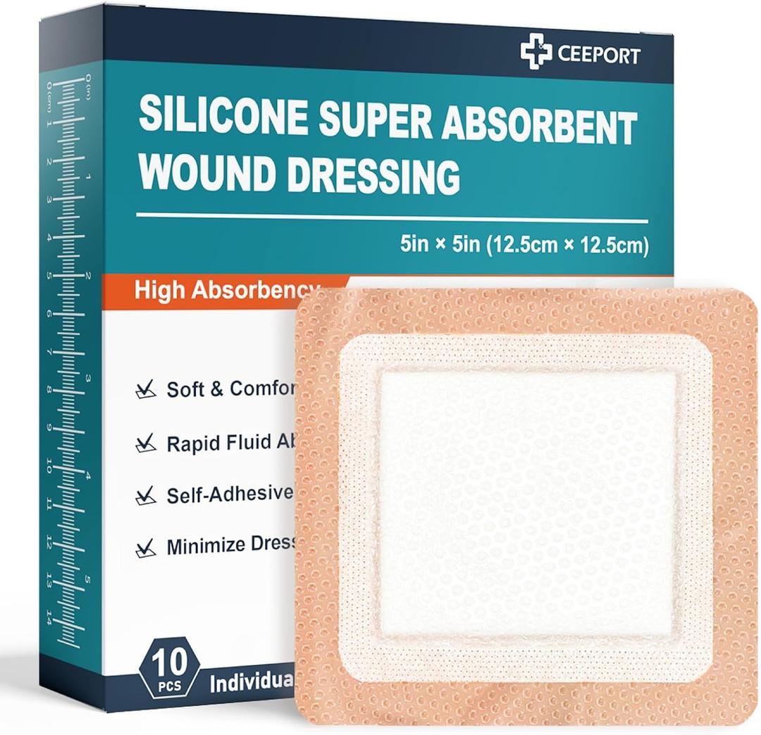 Ceeport Silicone Super Absorbent Wound Dressings 5" x 5", Adhesive Border Bandages for Heavy Exudate, Leg Ulcers, Bed Sores, 10 Pack, 3.35" 3.35" Absorbent core