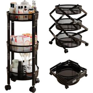 No Assemble 3 Tier Rolling Storage cart, Folding Utility cart with 2 Lockable Wheels, Multifunction Storage Organizer, Perfect for Bathroom, Kitchen, Snack, Craft (Black)
