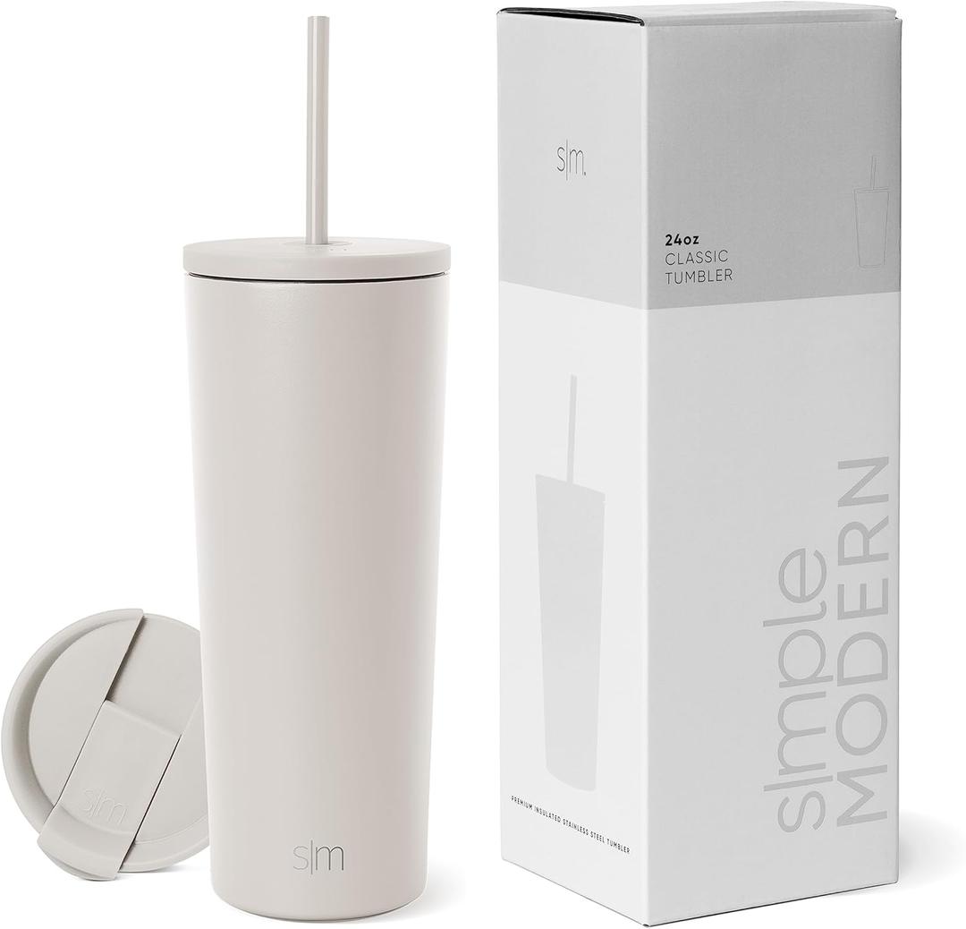 Simple Modern Insulated Tumbler with Lid and Straw | Iced Coffee Cup Reusable Stainless Steel Water Bottle Travel Mug | Gifts for Women Men Her Him | Classic Collection | 24oz | Almond Birch (24 Ounces)