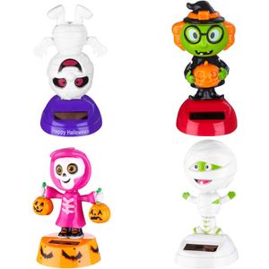 4 Pack Halloween Solar Powered Dancing Toys Skull Pumpkin Zombie Elf Witch Car Shaking Head Dancer Doll Halloween Toy Figurines Car Windowsill Decor for Car Dashboard Toys Gift Office Desk