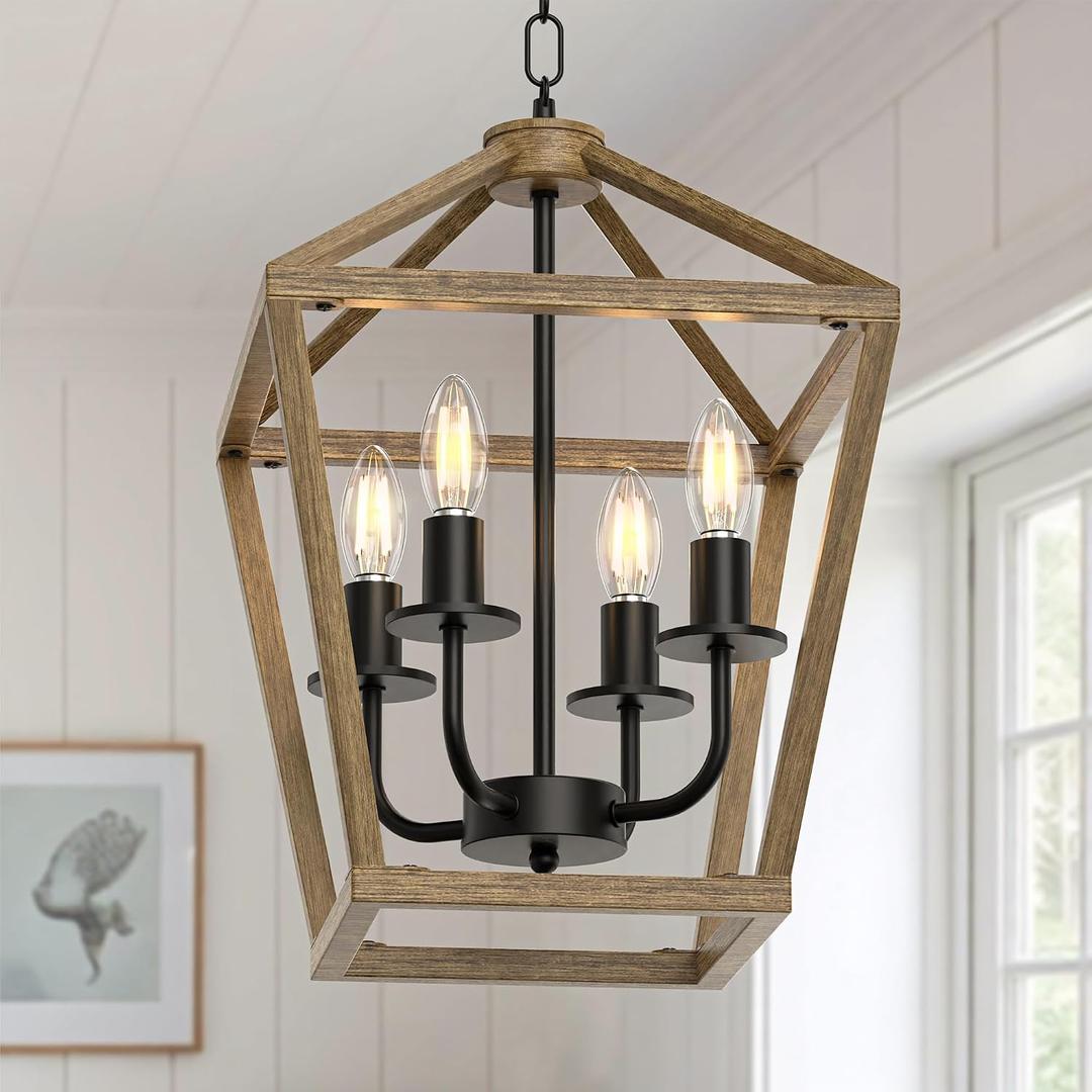 Farmhouse Lantern Chandelier 4-Light, Industrial Brushed Rustic Oak Ceiling Light Fixture with Open Cage and Adjustable Hanging Height,Kitchen Island, Dining Room, Entryway, Foyer