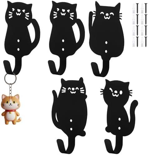 AceOrbit 4 Pcs Cute Cat Metal Hooks Wall Mount Iron Black Decorative Wall Mounted Coat Hooks Cute Animal Key Hanger Decor Cat Lover Gifts for Clohes, Towels, Hats