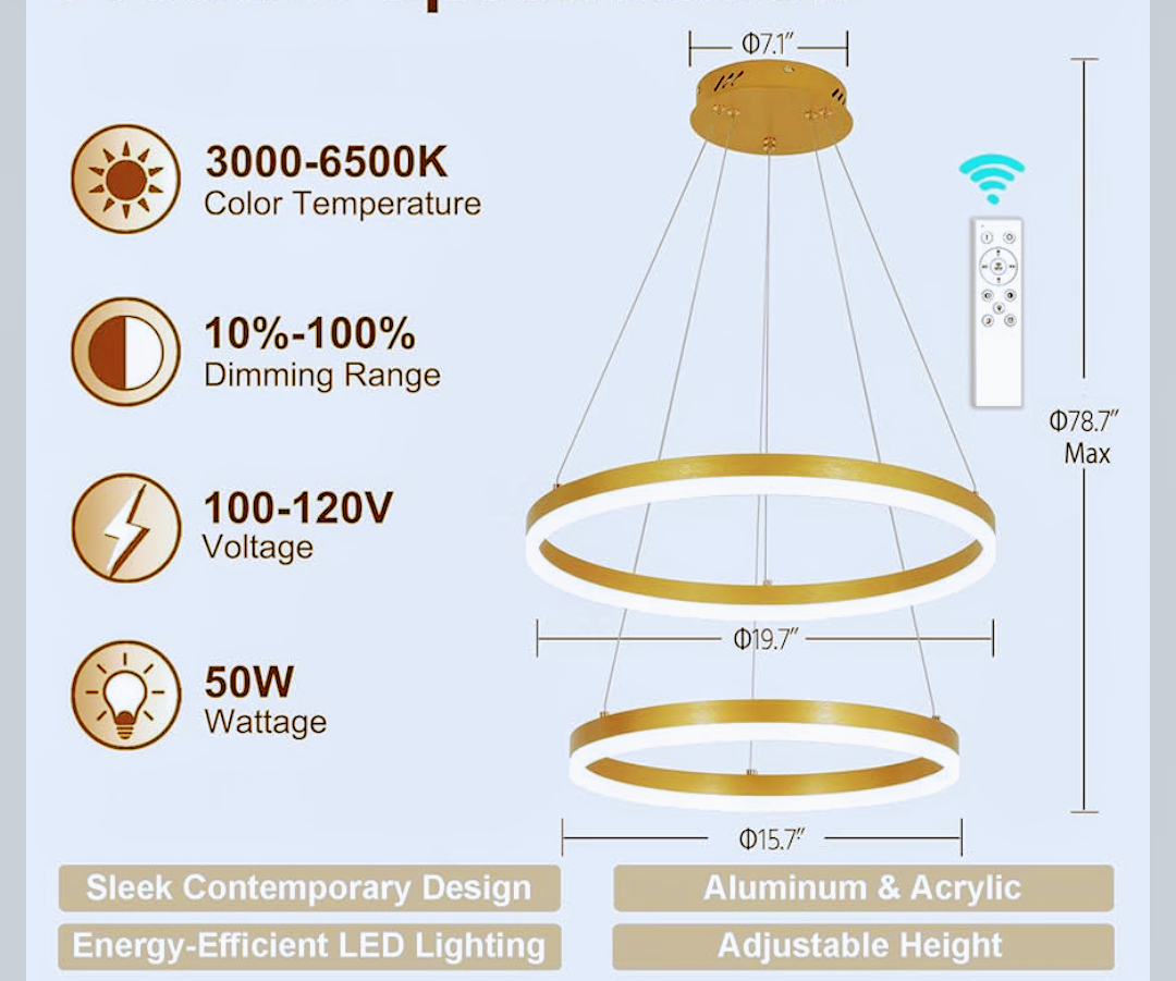 2 Rings Modern LED Chandelier Gold High Ceiling Ring Chandeliers with Remote Control Circular Pendant Light Dimmable for Dining Room Living Room Bedroom Hallway Kitchen Island 3000K-6500K