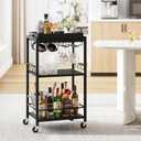 TUTOTAK Bar Cart with Removable Tray, Home Bar Serving Cart, Drink Cart, Mobile Kitchen Shelf with Wine Rack and Glass Holder, Rolling Beverage Cart for Living Room, Kitchen, Black BC01BK036 (13"D X 17"W X 34.4"H)