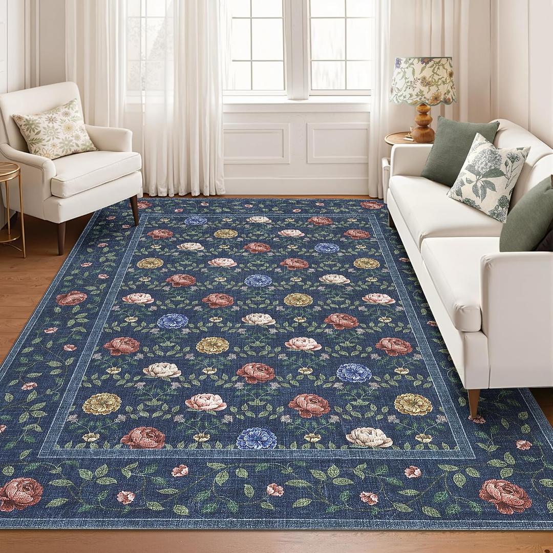 GarveeHome Floral Living Room Rugs, Washable 8x10 Area Rug Vintage Soft Boho Non-Slip Carpet Indoor Floor Stain Resistant Carpets for Bedroom Dining Room Nursery Farmhouse, Navy Blue