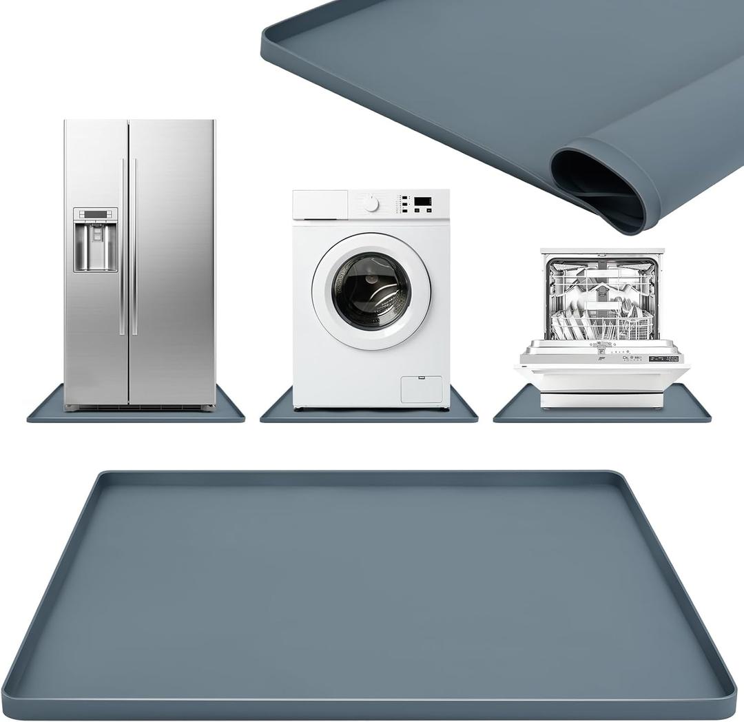 Washing Machine Pan, 27x 27inch Silicone Drip Pan with Raised Edge - Non-Slip Anti-Vibration Mat for Washer and Dryer, All-Purpose Home Floor Protectors (Grey)