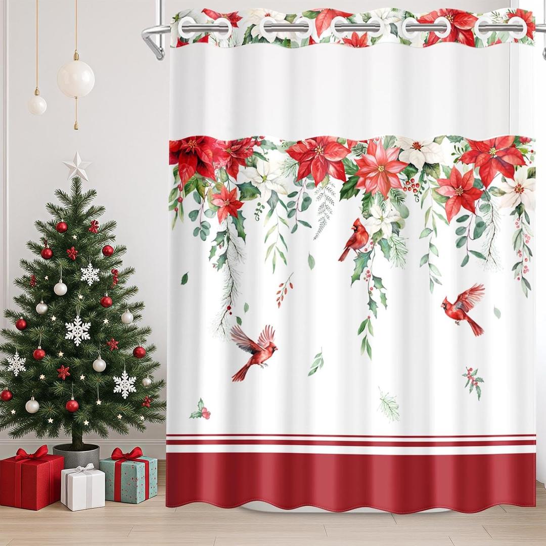 No Hook Christmas Shower Curtain with Snap in Fabric Liner Set, Red and White Poinsettias Berries Cardinals Holiday Double Layers Waterproof with See Through Top Window Bath Curtain 71x74 Inch