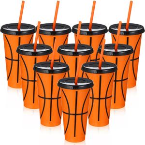 Domensi 24 Pcs Plastic Cups with Lid and Straw 24 oz Reusable Plastic Tumbler Party Favors Water Bottle Coffee Mug for Birthday Themed Party Supplies Favor Classroom Exchange Gifts(Basketball)