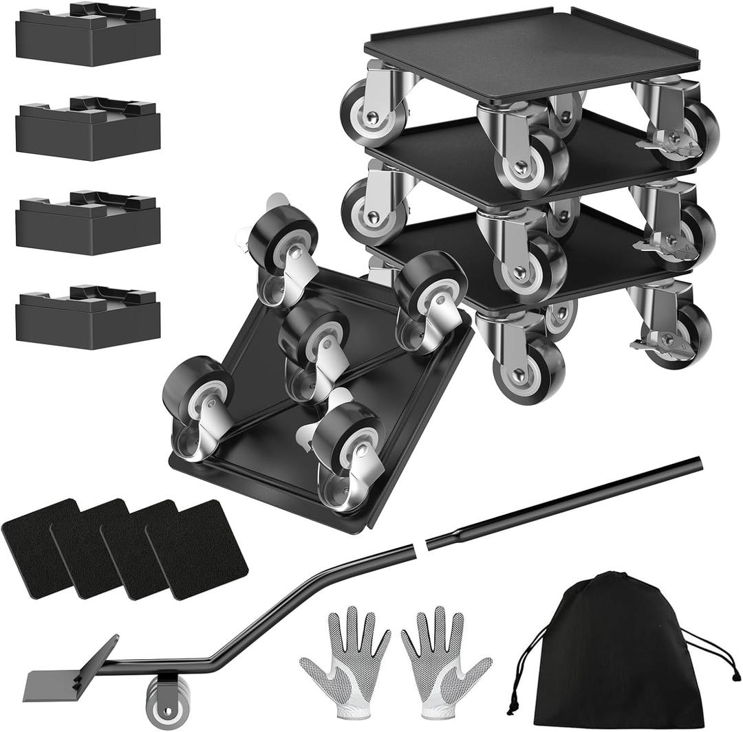 LOYAL TIGER 1500LBS Heavy Duty Furniture Dolly Movers Set with Lifter, 5-Wheel Carbon Steel Moving Rollers with Locking Casters for Refrigerator, Washer, Sofa & Cabinet(5.4 Inch, Black)