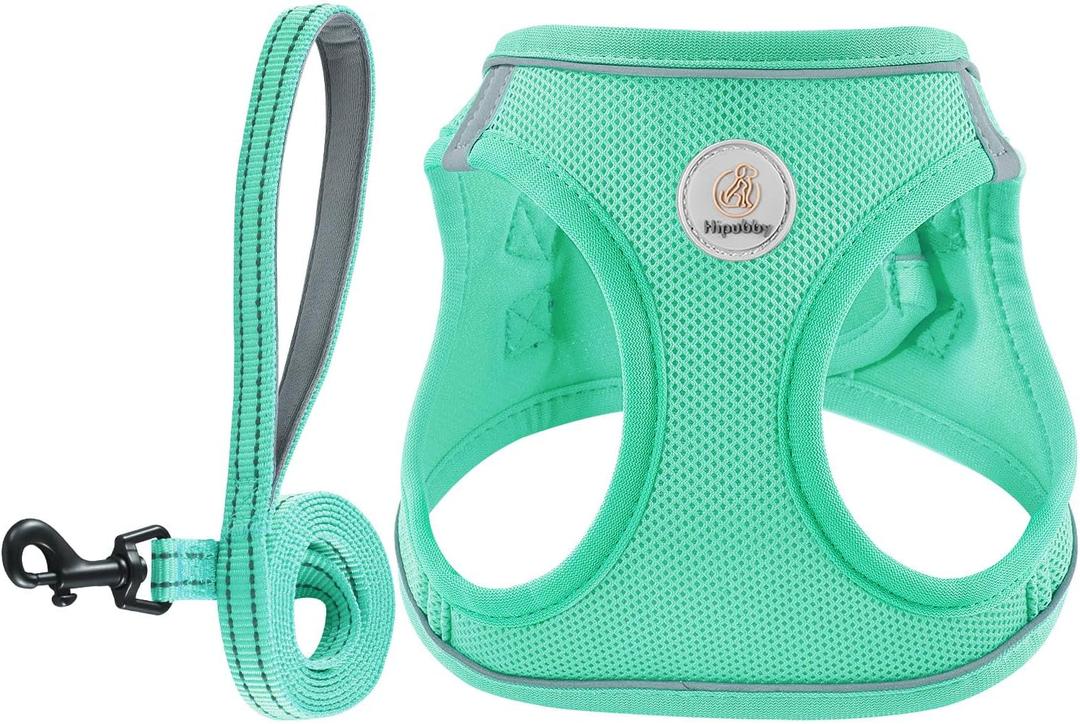 Hipubby Dog Harness and Leash Set, No Pull Soft Mesh Puppy Harness for Small Medium Dogs, Cats - Step in Reflective Breathable Lightweight Vest Harness for Walking, Training - Green, L