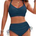 Blooming Jelly Womens High Waisted Bikini Sets Drawstring Tummy Control Swimsuits Crisscross Tie Back Bathing Suit (Medium, Blue)