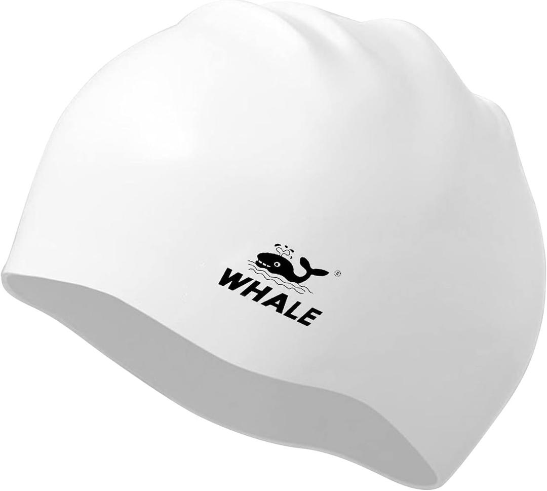WHALE Extra Large Swim Cap for Women Men, Durable Silicone Swimming Hat with Ear Protection, Unisex Adults Bath Swimming Caps for Long Thick Curly Hair & Dreadlocks Braids Weaves Afro Hair (White)