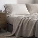 Simple&Opulence 100% Pure Linen Sheet Set King Size, Natural French Flax Solid Color 4 Pcs Washed Breathable, Farmhouse Bedding (1 Flat Sheet,1 Fitted Sheet,2 Pillowcases)-Embroidery Linen