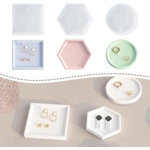 Resin Coaster Molds for Epoxy Resin, Round Square Hexagon Soap Dish Silicone Molds for Art Crafts, Trinket Jewelry Holder Plaster Silicon Moulds with Sides for Beginners(Small 3.2Inch)