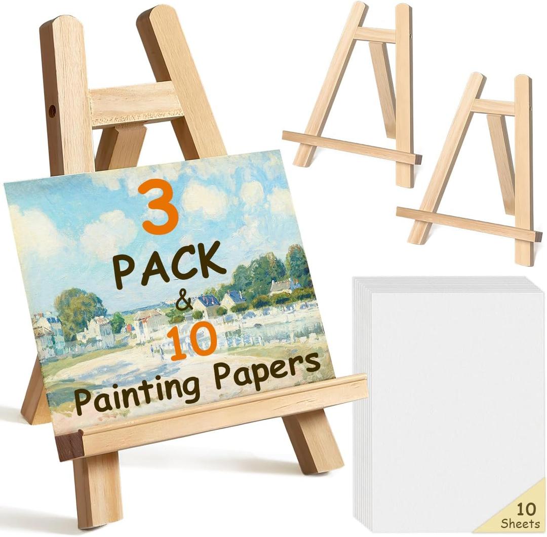 3 Pack Tabletop Easel for Painting, 11 inch Paint Stand with 10pcs Easel Papers, Mini Painting Easel for Kids Students and Adults, Small Wooden Table Top Easels Stand for Painting