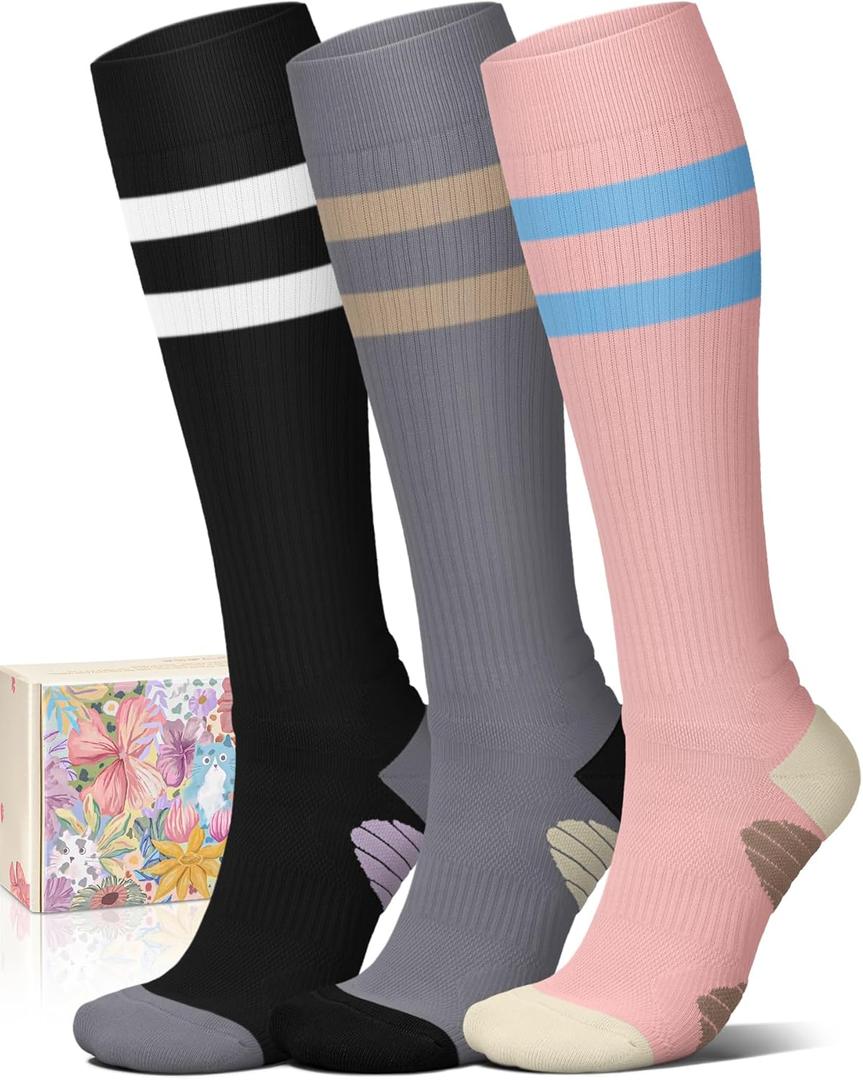Iseasoo 4 Pairs Compression Socks for Women Circulation-Best Support for Nurses, Running, Athletic, Travel (Small-Medium, A0-3 Striped -Black+grey+pink)