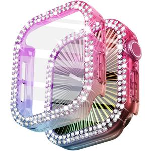 9 x Surace Bling Apple Watch Case with Screen Protector Compatible with Apple Watch Series 11 Series 10 46mm, Crystal Diamond Overall Protective Case Face Cover Bumper 46mm, Rainbow (Iridescent)
