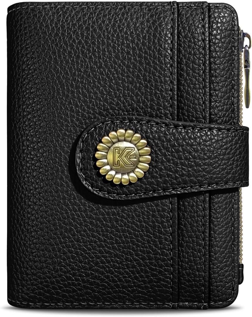 Small Rfid Women Wallet Bifold Zipper Coin Pocket PU Leather Compact Cash Credit Card Holder Travel Wallet for Female Ladies Teen Girls 1 ID Window 10 Card Slots Black