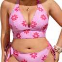 OYOANGLE Women's Plus Size Floral Print Bikini Set Backless Halter Tie Side Thong Beach Swimsuit (3X-Large Plus, Pink)