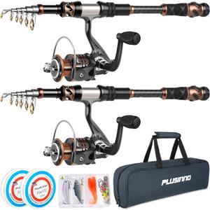 PLUSINNO Fishing Rod and Reel Combos - Carbon Fiber Telescopic Fishing Pole - Spinning Reel 12 +1 Shielded Bearings Stainless Steel BB (2PACK Full Kit with Carrier Case)