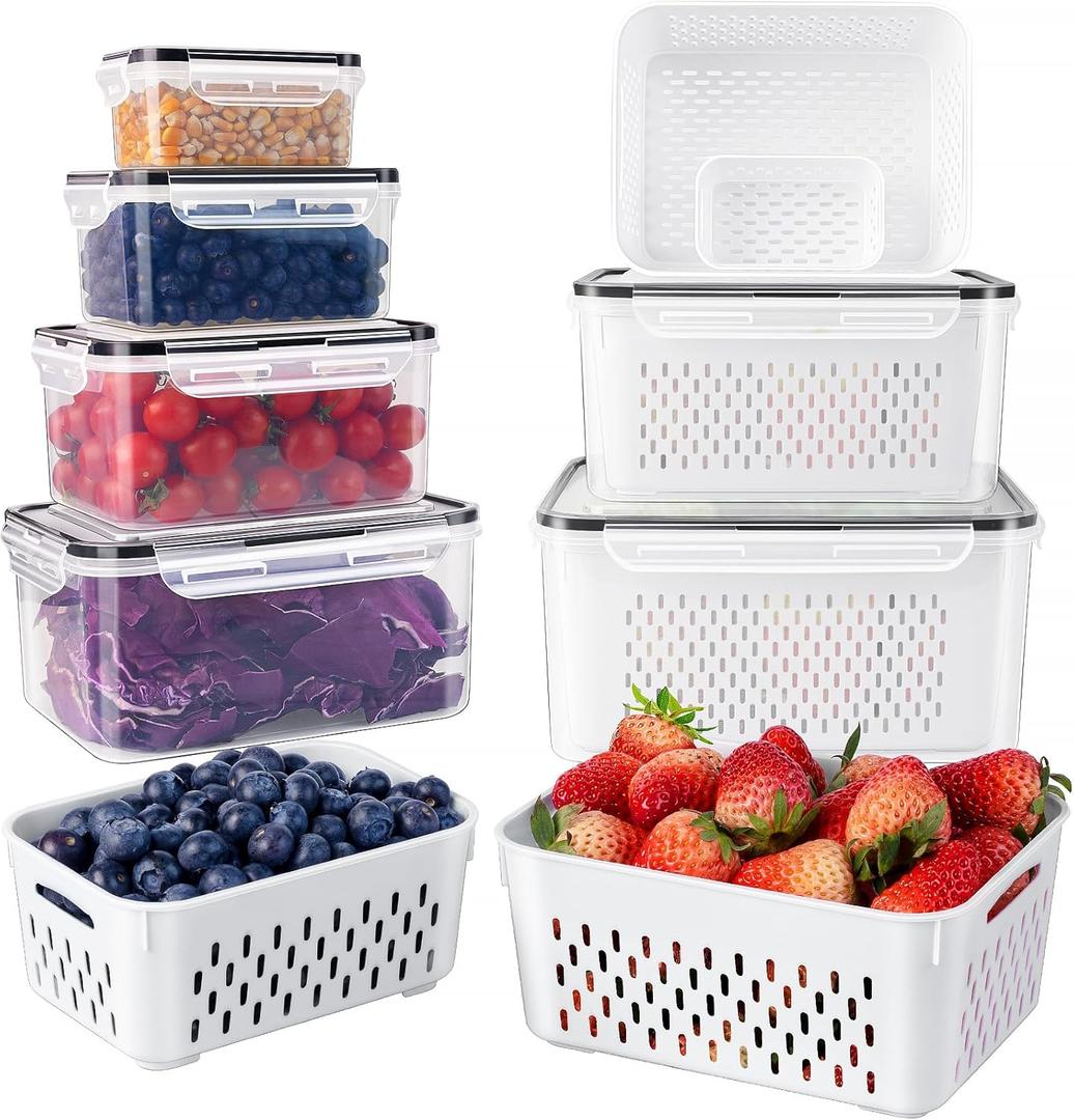 Freshmage Fruit Storage Containers for Fridge with Removable Colander, Airtight Food Storage Container, Dishwasher Safe Produce Saver for Refrigerator, Keep Berry Fruit Fresh Longer 6 pcs Large Clear