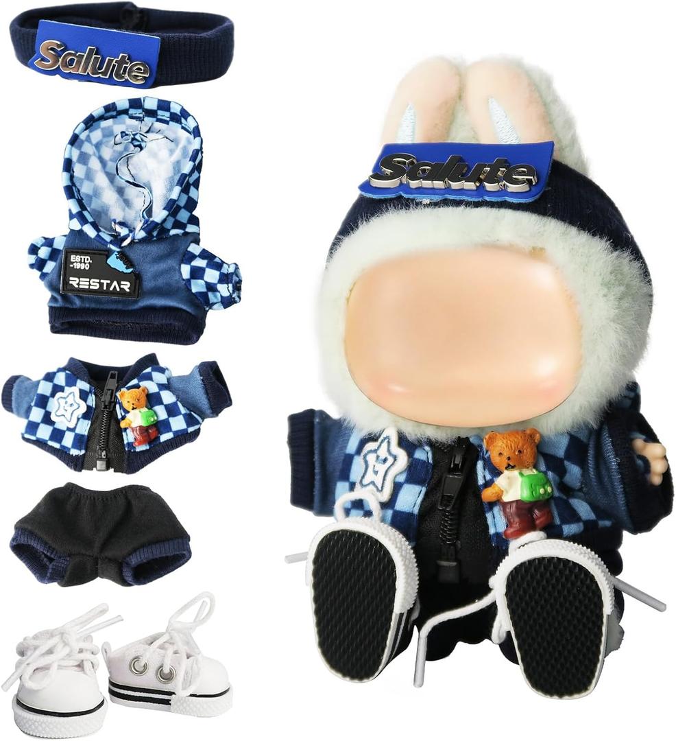 Cloth for Doll, 5-Piece Blue Streetwear Outfit for 17cm &15cm(NO Doll)  Trendy Blue Coordinated Set + Headband + Scarf + Jacket & Pants + Canvas Shoes-Handmade