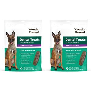 Amazon Brand - Wonder Bound Dog Dental Treats for Large Dogs (Over 50 lbs), Fresh Mint Flavor, Made with Real Chicken, Freshens Breath, Controls Plaque & Tartar, 9 Count (Pack of 2)