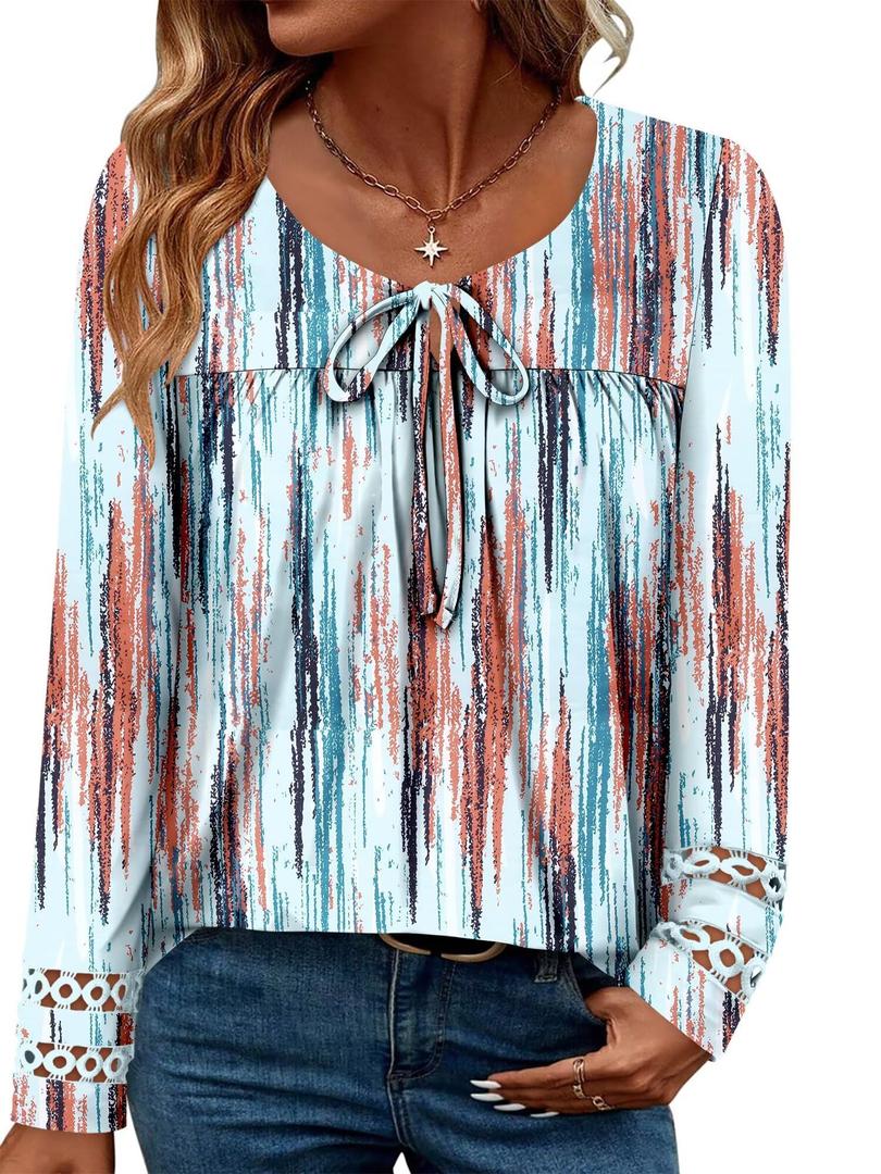 Magritta Women's Dressy Printed Tops Fashion Mesh Long Sleeve Tee Shirt 2025 Fall Trendy Versatile Pintuck Shirt Elegant Crew Neck Tunics Loose Casual Blouses Orange Blue Stripe Large