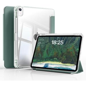Case for iPad (A16) 11th Generation 11 Inch 2025, iPad 10th Generation 10.9 Inch 2022, Hybrid Protective Cover with Pencil Holder, Clear Transparent Back Shell, Anti-Yellowing Case, Dark Green