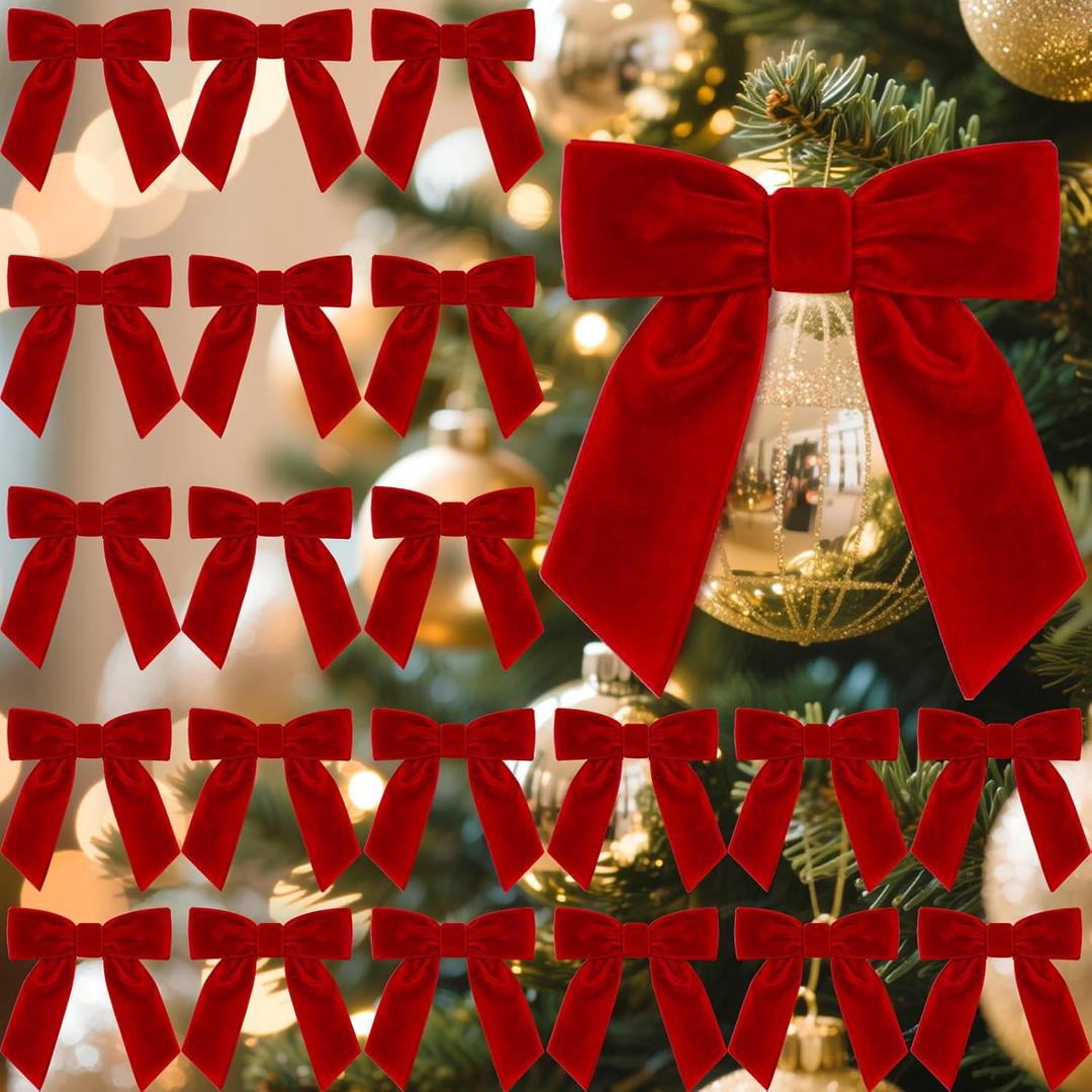 Glitinsel 30 Pcs Velvet Ribbon Bows 5" x 4" Pre Tied Christmas Velvet Bows with Twist Tie for Gift Packaging Christmas Tree Wreaths Door Windows Wedding Party Decoration(Red)