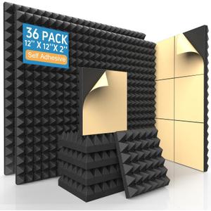 36 Pack Self-Adhesive Acoustic Foam Panels, 12 x 12 x 2 Inches High Density Pyramid Sound Proof Foam Panels for Walls, Fire Resistant Soundproof Wall Panels for Home Office & Studio (Black)