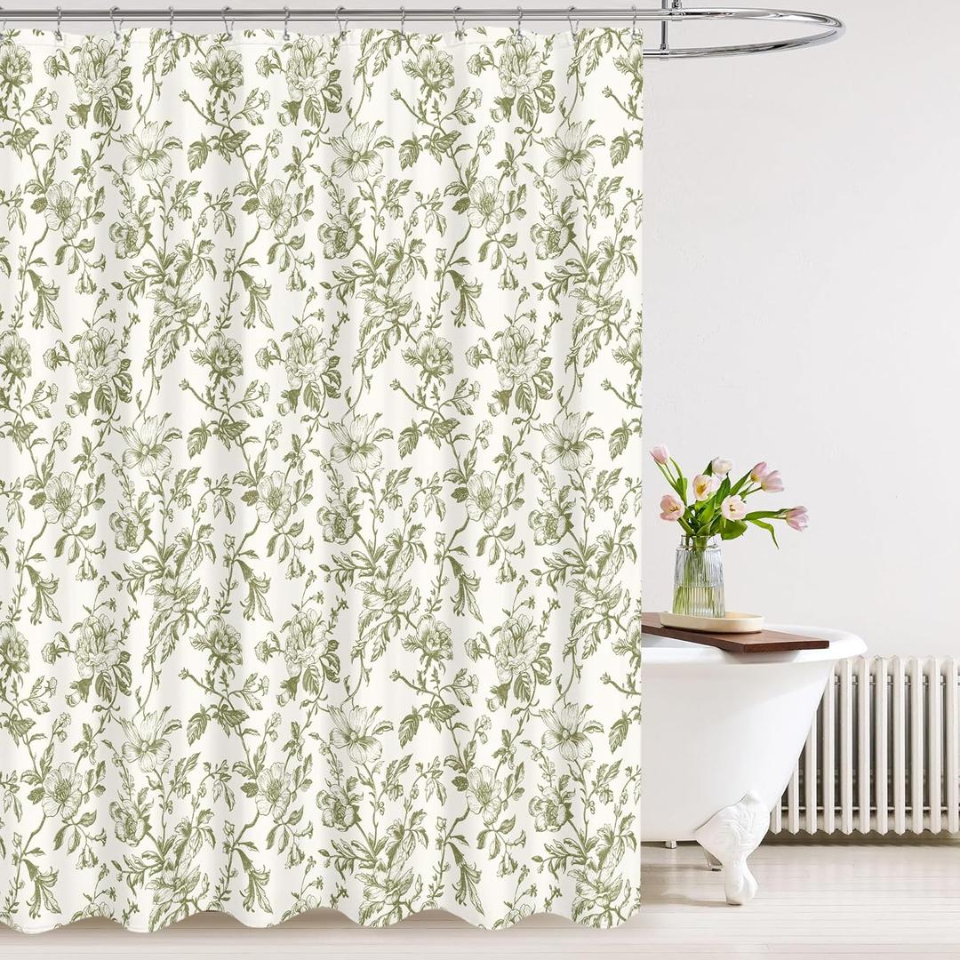 Tititex Boho Rustic Sage Green Flower Faux Linen Shower Curtain, Vintage Bathroom Decoration Shower Curtain Sets 72x72 in with Hooks