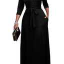 Women Black Church Dresses Maxi Button Down 3/4 Sleeves Print Dress Casual with Pockets, No Size