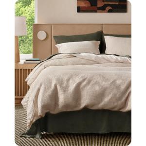 Bedsure Cotton Duvet Cover Queen - 100% Cotton Waffle Weave Charcoal Duvet Cover Queen Size, Pure Woven Breathable Bedding Set for All Season, 3 Pieces, 90"x90" (19 -Beige (No Comforter))
