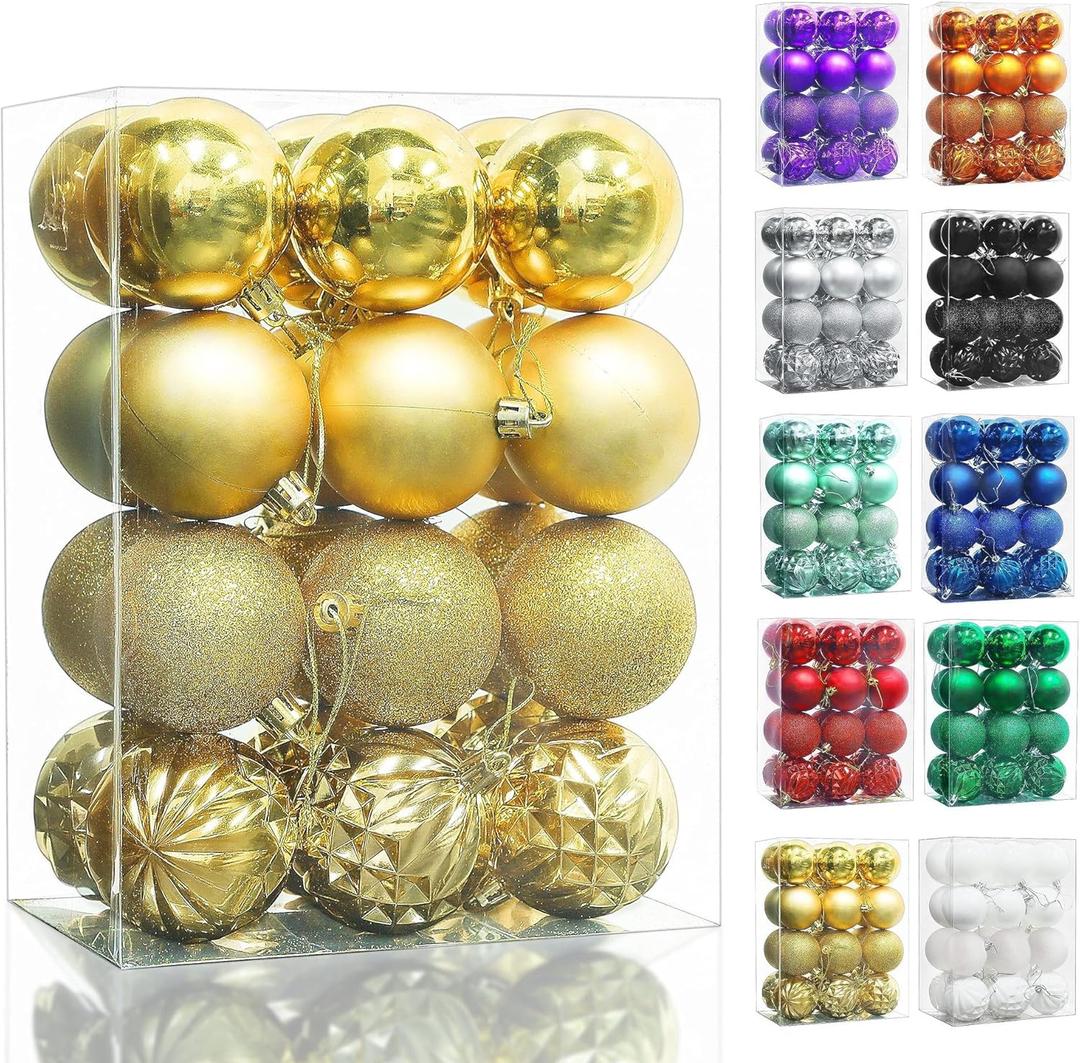 24Pcs Christmas Balls Ornaments for Xmas Tree Shatterproof Decorations Hanging Ball for Holiday Wedding Party Decoration (Gold, 2.36")