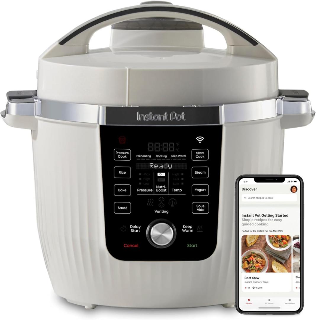 Instant Pot PRO Max Wi-Fi Smart 10-in-1 Pressure Cooker, Steamer, Saute, Warmer, Rice Cooker, Yogurt Maker, Sous Vide, Baker, NutriBoost - Includes App with 2000+ Recipes - 6 Quart