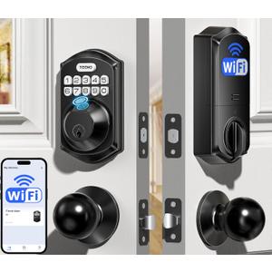 TEEHO TE012W-K WiFi Smart Keyless Entry Door Lock with Handle, Fingerprint Door Knob & Digital Keypad, APP Remote Control, Works with Alexa & Google, Electronic Deadbolt for Front Door, Matte Black