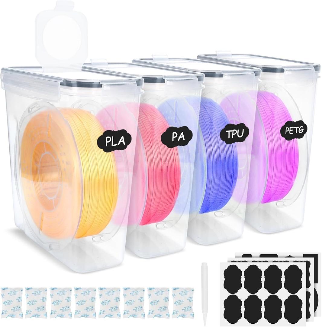 Filament Storage Box Kit- 4 Pack Filament Container with Desiccant & Reusable Label for 3D Printing Filaments Storage Box Sealing and Protection Waterproof and Dustproof 4.0L